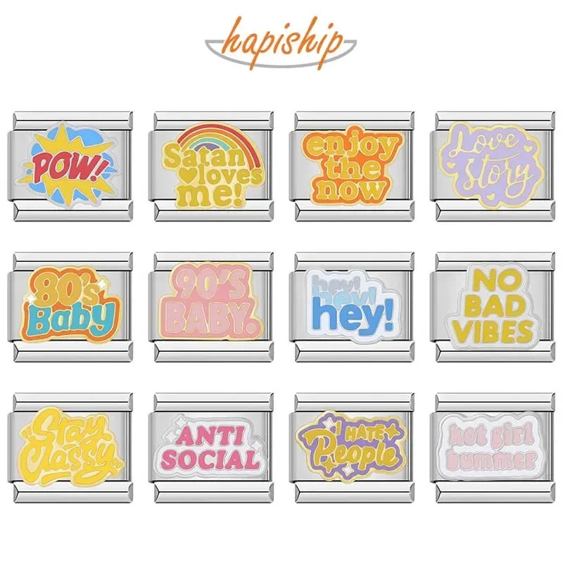 Hapiship 2024 New Women Hey Goals Love Story No Bad Vibes Charms Links Fit 9mm Bracelet Stainless Steel DIY Jewelry DJ1154