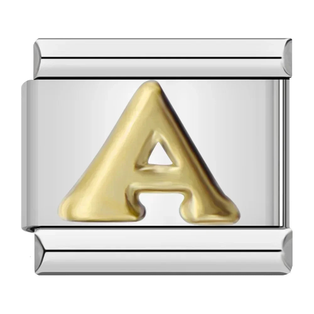 Hapiship 2024 nueva moda 26 letras en inglés eslabones de encanto italiano aptos para pulsera de acero inoxidable de 9mm hacer joyería de mujer DJ110