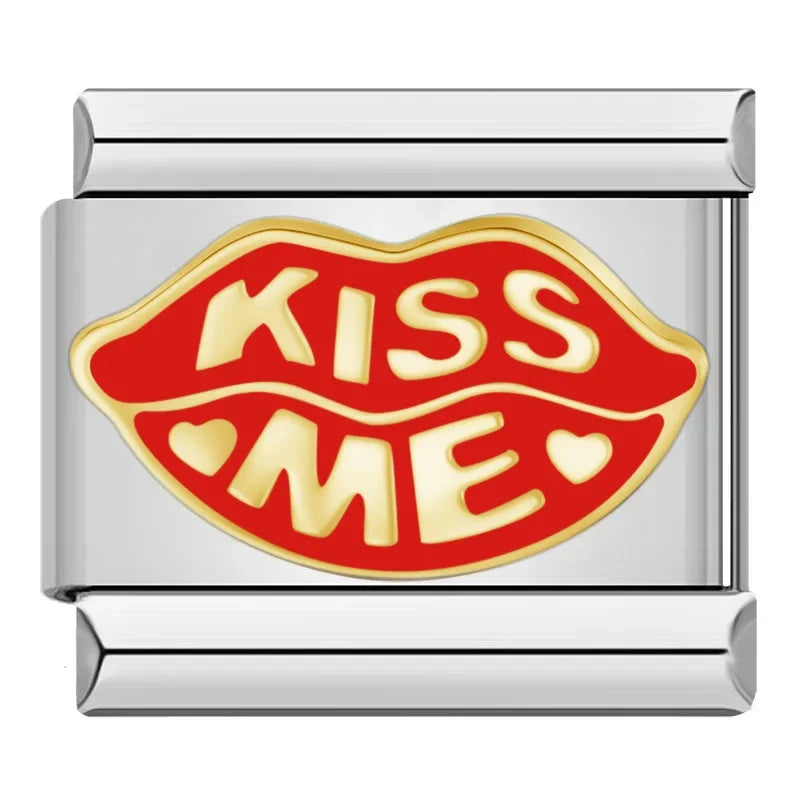 Hapiship 2024 mujeres esmalte rojo flor corazón Kiss Me encantos enlaces italianos ajuste 9mm pulsera de acero inoxidable hacer joyería ZH003