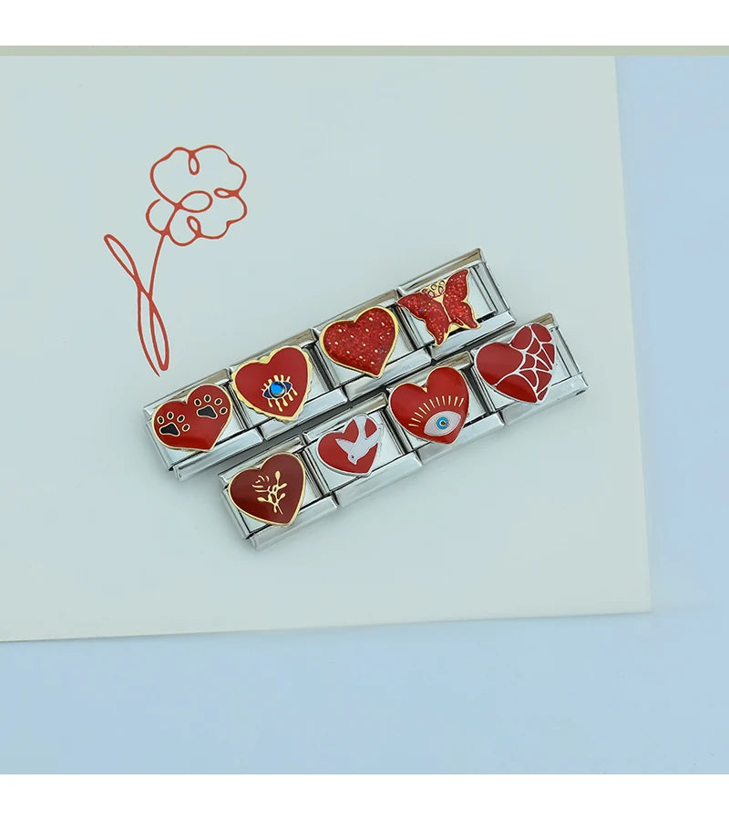 Hapiship 2024 mujeres esmalte rojo flor corazón Kiss Me encantos enlaces italianos ajuste 9mm pulsera de acero inoxidable hacer joyería ZH003