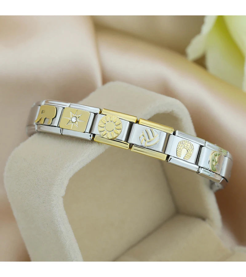 Hapiship 2024 New Elephant Sun Cross Bee Angel Camera Italian Charm Links Fit 9mm Bracelet Stainless Steel Making Jewelry DJ1188