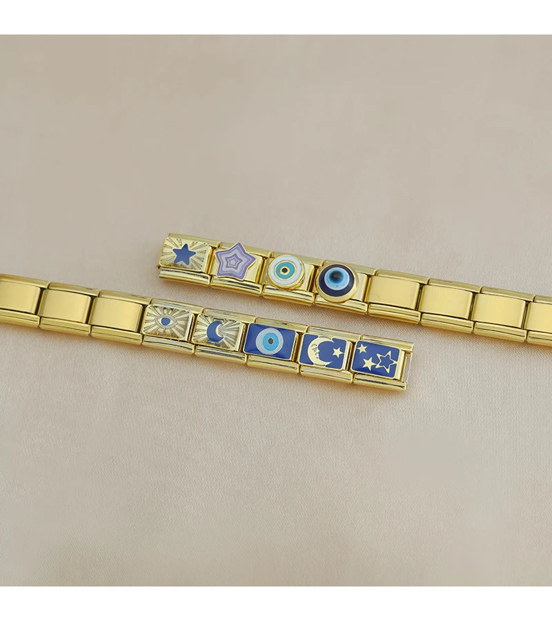 Hapiship, envío directo, 2024, Luna, estrella, ojo, dorado, italiano, eslabones aptos para pulsera de acero inoxidable de 9mm, joyería al por mayor DJ1373-A