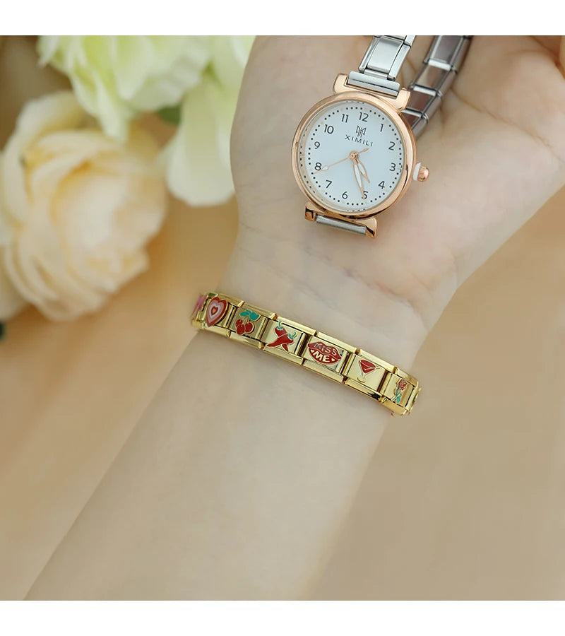 Hapiship moda flor cereza corazón Kiss Me pimienta dorado italiano encanto enlaces ajuste 9mm pulsera Envío Directo joyería DJ1373-B