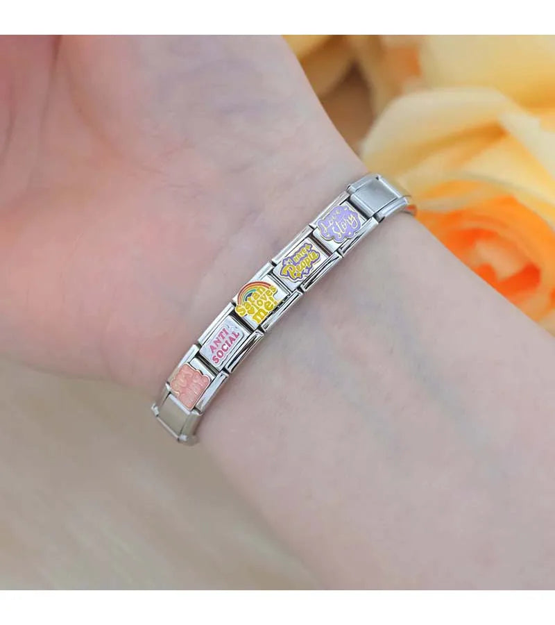 Hapiship 2024 nuevas mujeres Hey Goals Love Story No Bad Vibes Charms Links Fit 9mm pulsera de acero inoxidable joyería DIY DJ1154