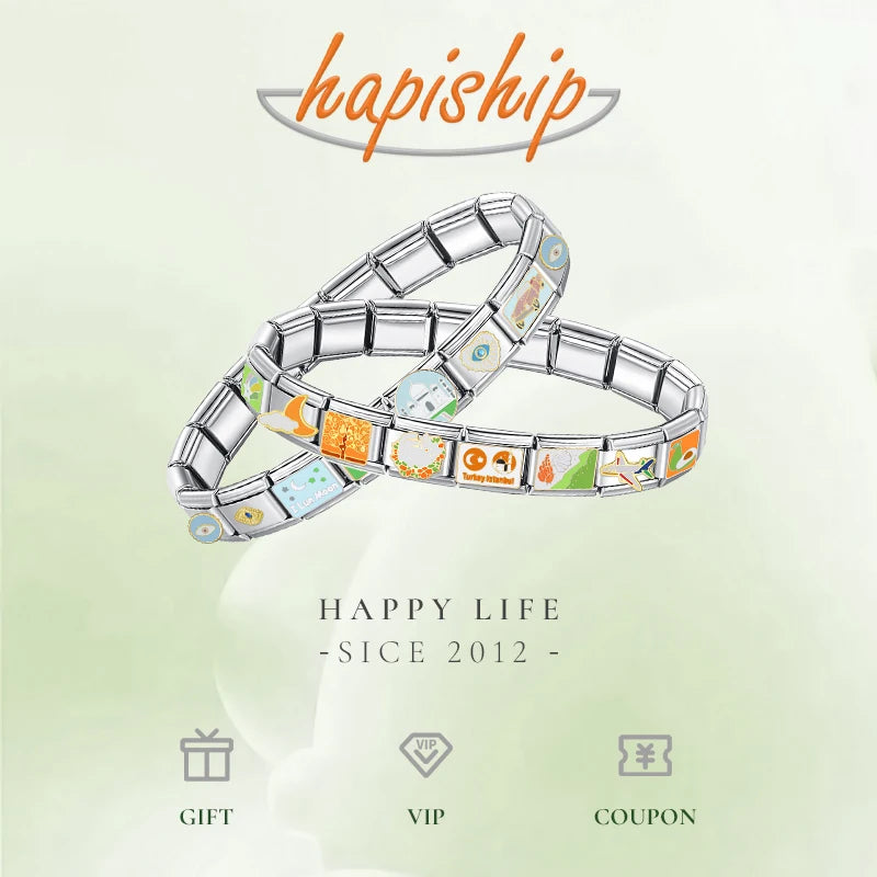 Hapiship 2024 New Elephant Sun Cross Bee Angel Camera Italian Charm Links Fit 9mm Bracelet Stainless Steel Making Jewelry DJ1188