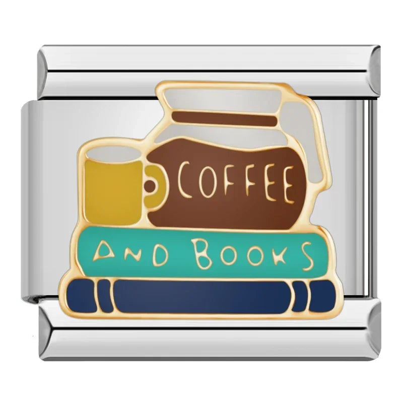 Hapiship 2024 Women's Gift Cool Coffee Book Italian Charms Links Beads Fit 9mm Stainless Steel Bracelet Making Jewelry DJ1349-A