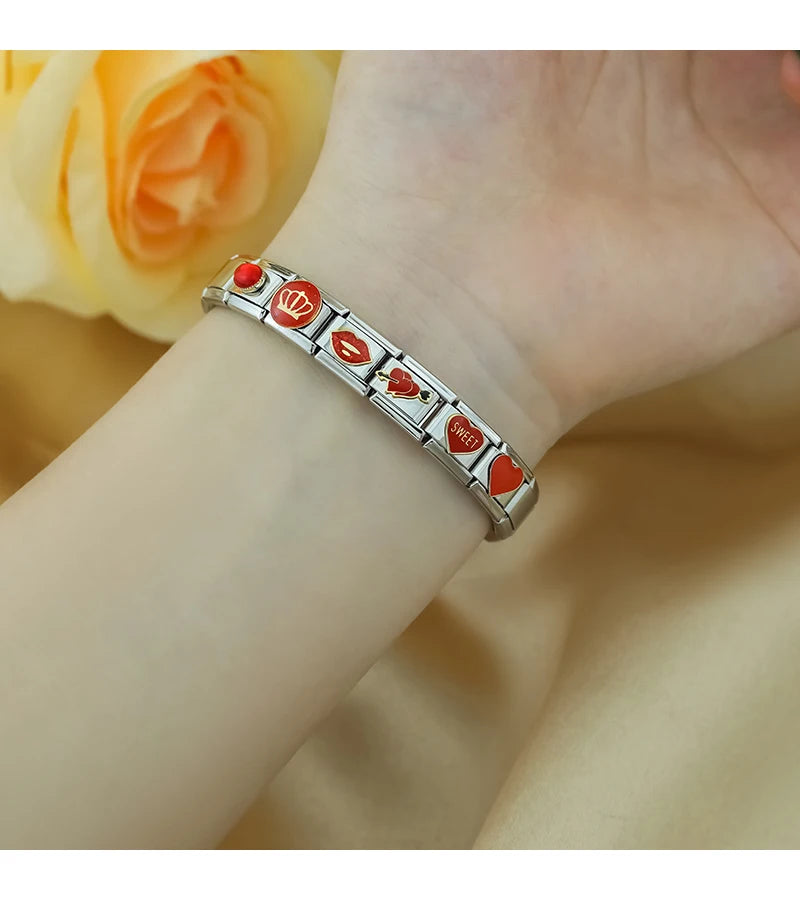 Hapiship 2024 mujeres esmalte rojo flor corazón Kiss Me encantos enlaces italianos ajuste 9mm pulsera de acero inoxidable hacer joyería ZH003