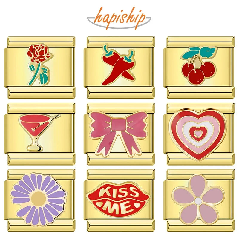Hapiship moda flor cereza corazón Kiss Me pimienta dorado italiano encanto enlaces ajuste 9mm pulsera Envío Directo joyería DJ1373-B