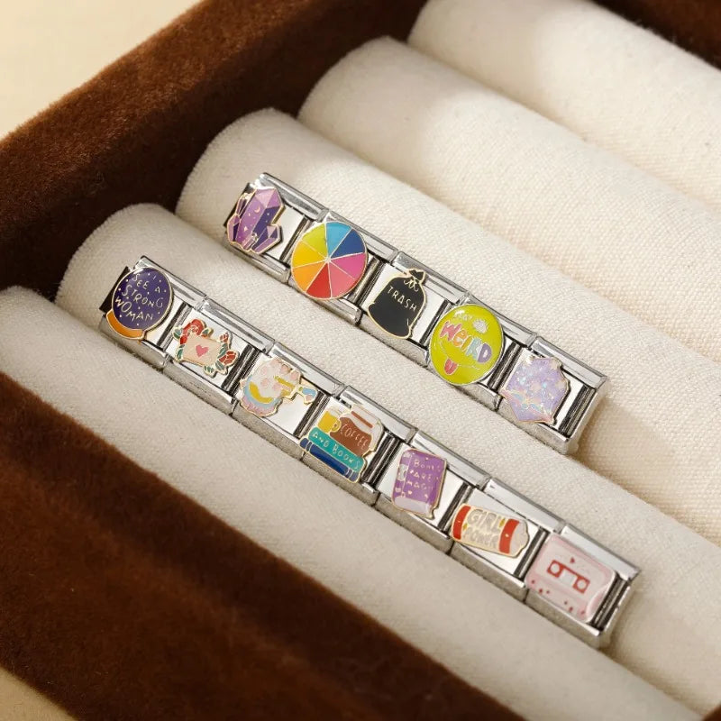 Hapiship 2024 Women's Gift Cool Coffee Book Italian Charms Links Beads Fit 9mm Stainless Steel Bracelet Making Jewelry DJ1349-A