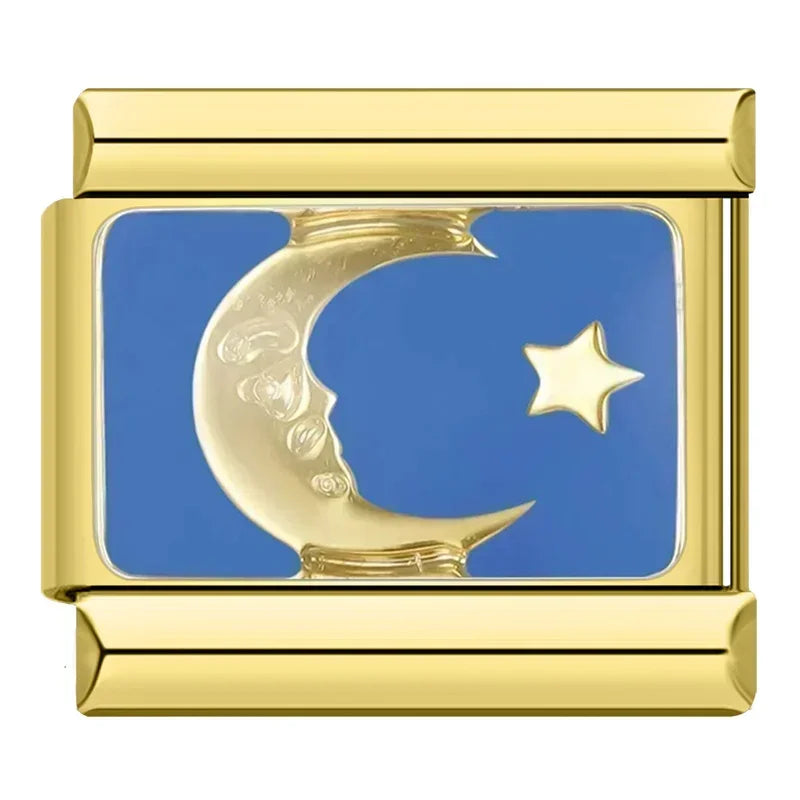 Hapiship, envío directo, 2024, Luna, estrella, ojo, dorado, italiano, eslabones aptos para pulsera de acero inoxidable de 9mm, joyería al por mayor DJ1373-A