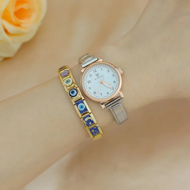 Hapiship, envío directo, 2024, Luna, estrella, ojo, dorado, italiano, eslabones aptos para pulsera de acero inoxidable de 9mm, joyería al por mayor DJ1373-A