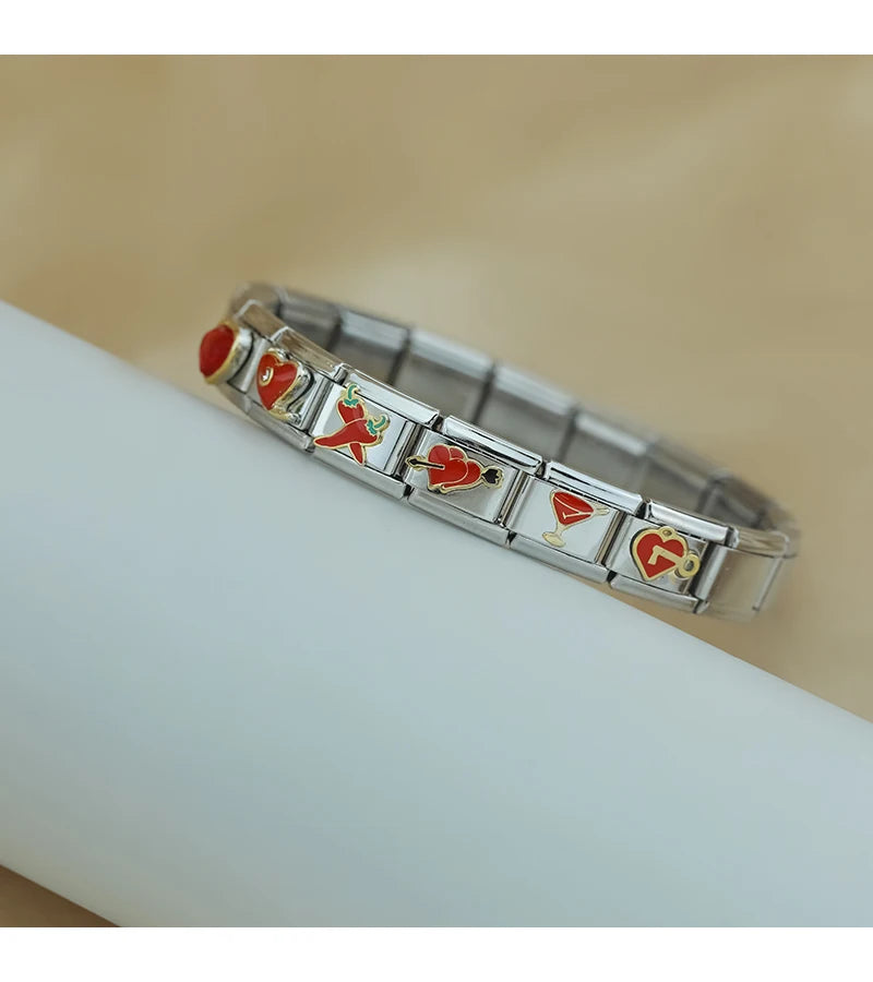 Hapiship 2024 mujeres esmalte rojo flor corazón Kiss Me encantos enlaces italianos ajuste 9mm pulsera de acero inoxidable hacer joyería ZH003