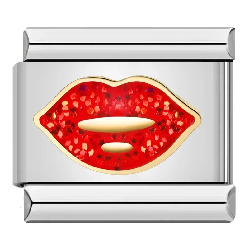 Hapiship 2024 mujeres esmalte rojo flor corazón Kiss Me encantos enlaces italianos ajuste 9mm pulsera de acero inoxidable hacer joyería ZH003