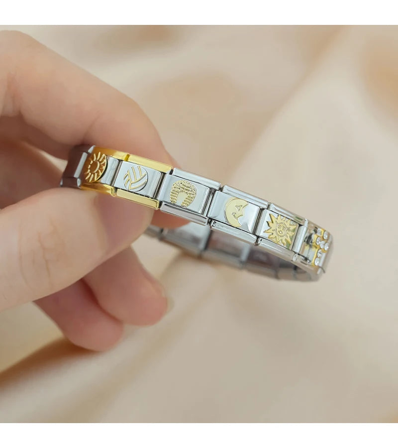 Hapiship 2024 New Elephant Sun Cross Bee Angel Camera Italian Charm Links Fit 9mm Bracelet Stainless Steel Making Jewelry DJ1188