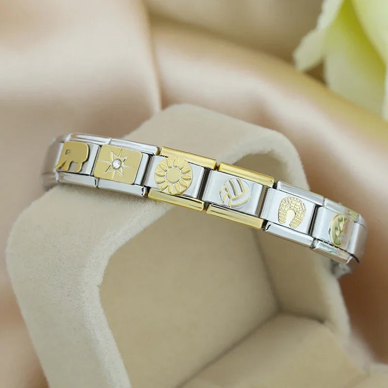 Hapiship 2024 New Elephant Sun Cross Bee Angel Camera Italian Charm Links Fit 9mm Bracelet Stainless Steel Making Jewelry DJ1188