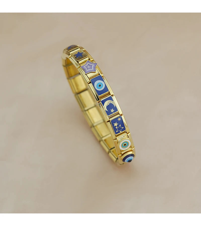 Hapiship, envío directo, 2024, Luna, estrella, ojo, dorado, italiano, eslabones aptos para pulsera de acero inoxidable de 9mm, joyería al por mayor DJ1373-A