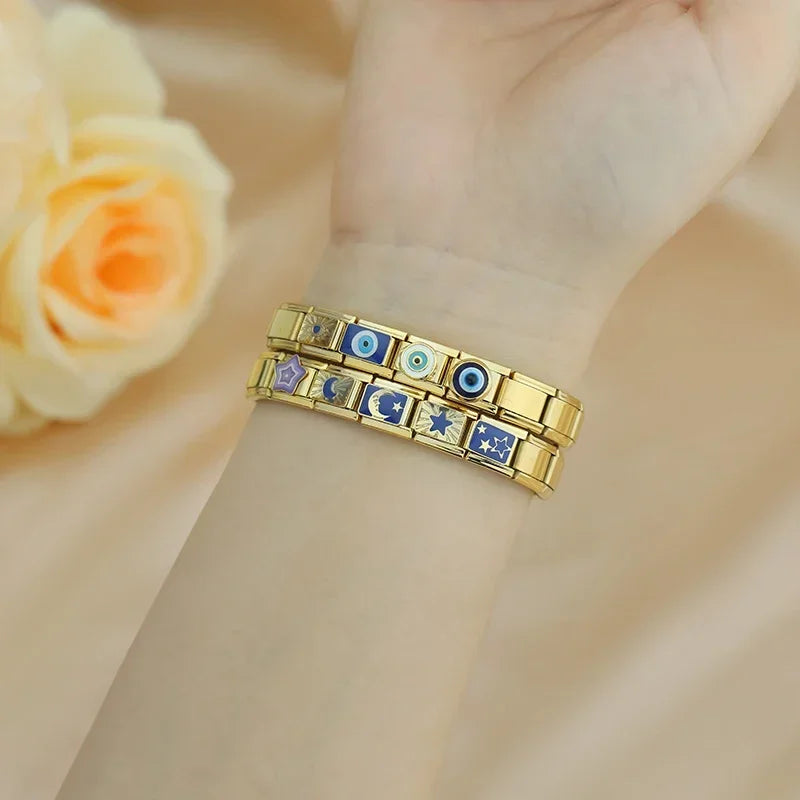 Hapiship, envío directo, 2024, Luna, estrella, ojo, dorado, italiano, eslabones aptos para pulsera de acero inoxidable de 9mm, joyería al por mayor DJ1373-A