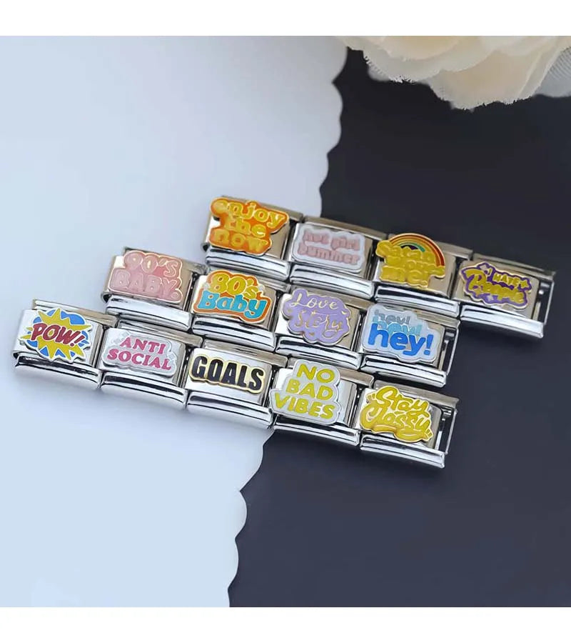Hapiship 2024 New Women Hey Goals Love Story No Bad Vibes Charms Links Fit 9mm Bracelet Stainless Steel DIY Jewelry DJ1154