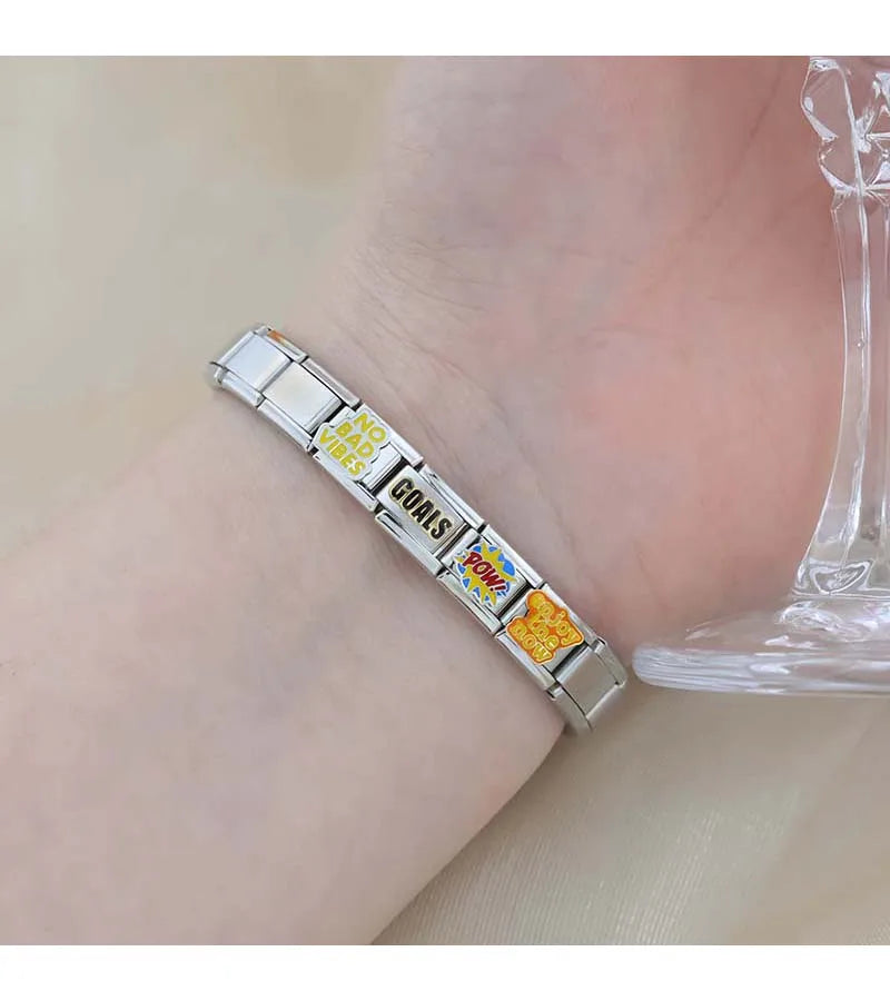 Hapiship 2024 New Women Hey Goals Love Story No Bad Vibes Charms Links Fit 9mm Bracelet Stainless Steel DIY Jewelry DJ1154