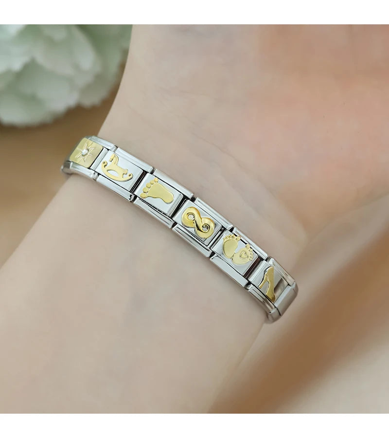 Hapiship 2024 New Elephant Sun Cross Bee Angel Camera Italian Charm Links Fit 9mm Bracelet Stainless Steel Making Jewelry DJ1188