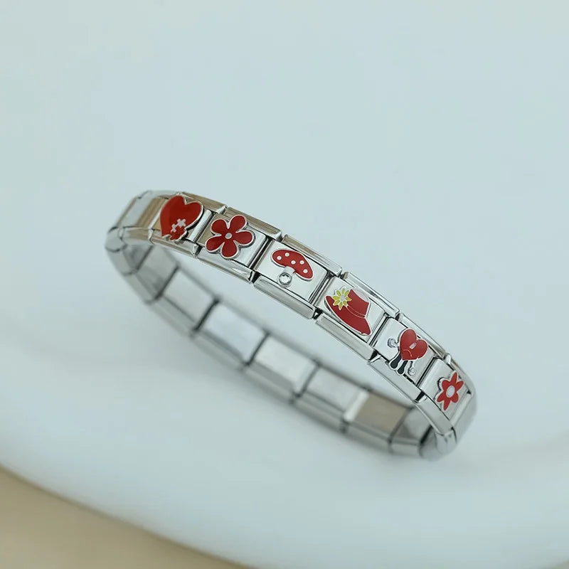 Hapiship 2024 mujeres esmalte rojo flor corazón Kiss Me encantos enlaces italianos ajuste 9mm pulsera de acero inoxidable hacer joyería ZH003