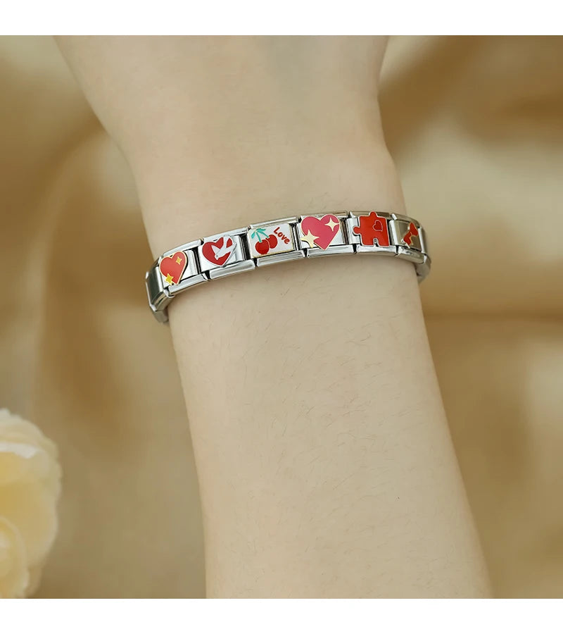Hapiship 2024 mujeres esmalte rojo flor corazón Kiss Me encantos enlaces italianos ajuste 9mm pulsera de acero inoxidable hacer joyería ZH003